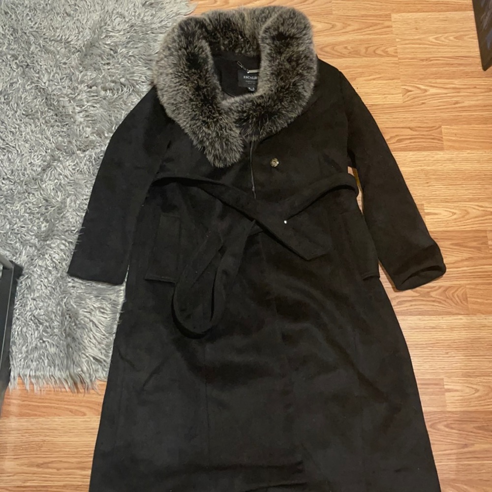 Escalier Women's Trench Long Wool Coat with Real Fox Fur Collar